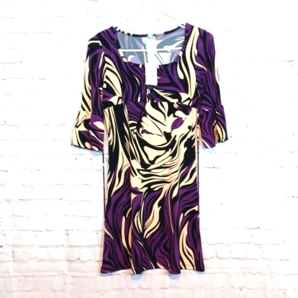 Bloomingdale's‎ Aqua Girls Purple & Black  Flutter Sleeve  Print Dress NWT sz 12
